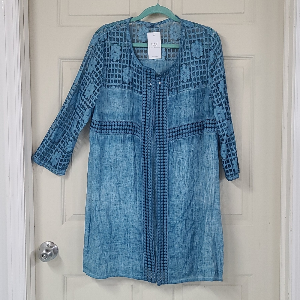 Nina Murati Collection Blue Linen  Long Duster Jacket L